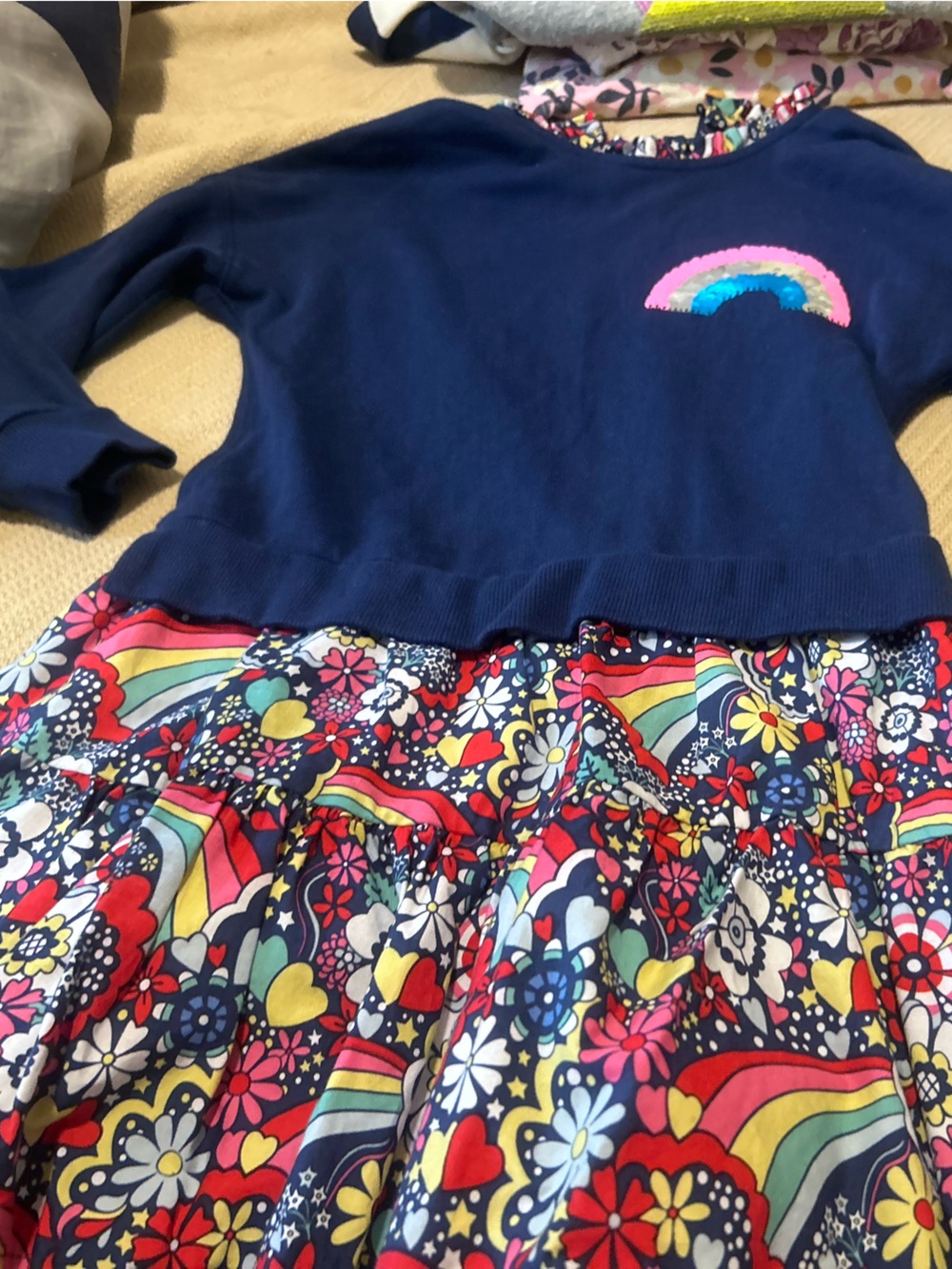 Mini Boden mixed fabric dress with sequin rainbow size 6/7